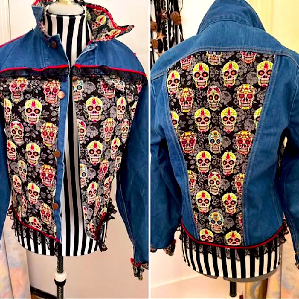 Day of the Dead Dia Los Murtes Custom UpCycled Jean Jacket Skull Print Small